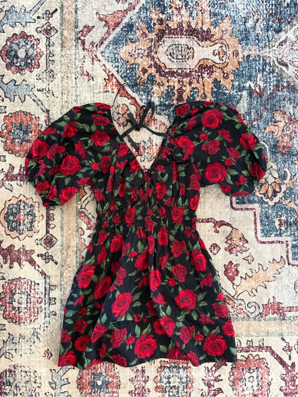 Black Mini Dress with Red Rose Print